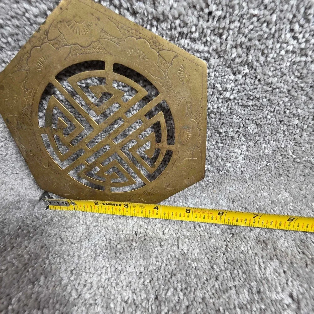 Vintage Brass Trivet with Longevity Symbol – Hexagonal Asian‎ Decor Japan
